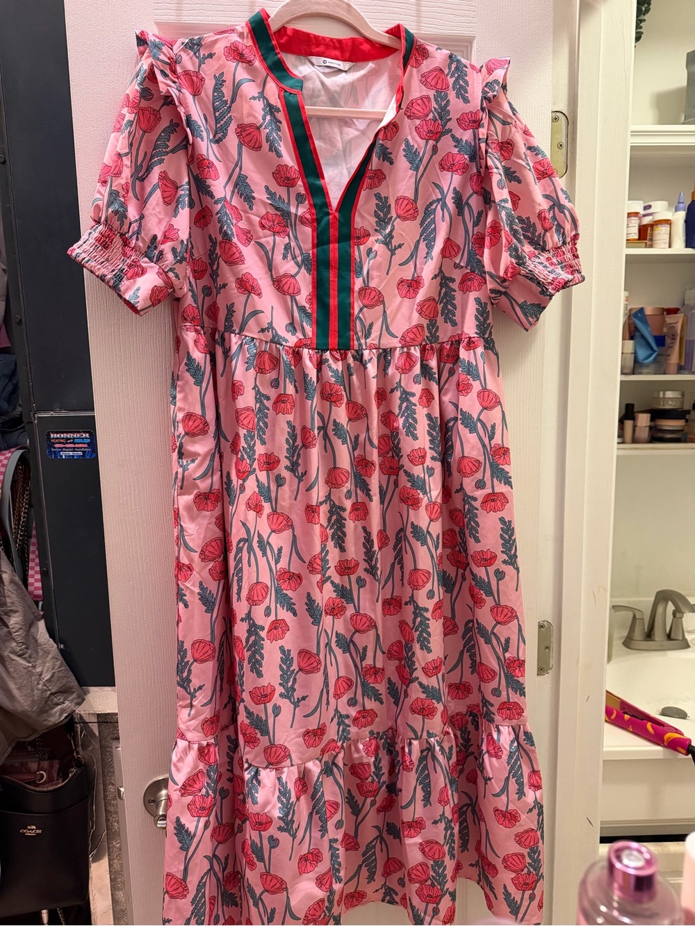 Women’s Pink Floral Tiered maxi Dress with Contrast Trim